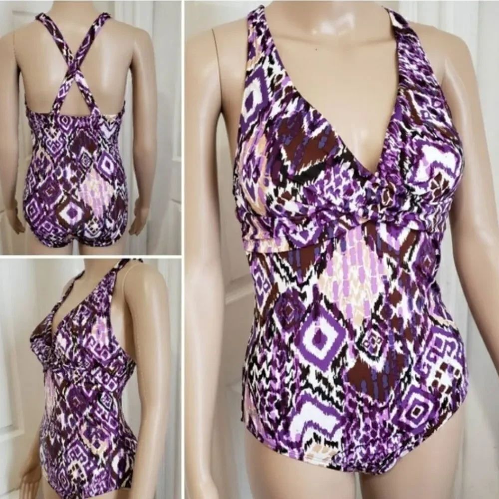 BRAND NEW SPEEDO WOMEN"S CRISSCROSS BACK STYLE ONE-PIECE HALTER RUCHED SWIMSUIT